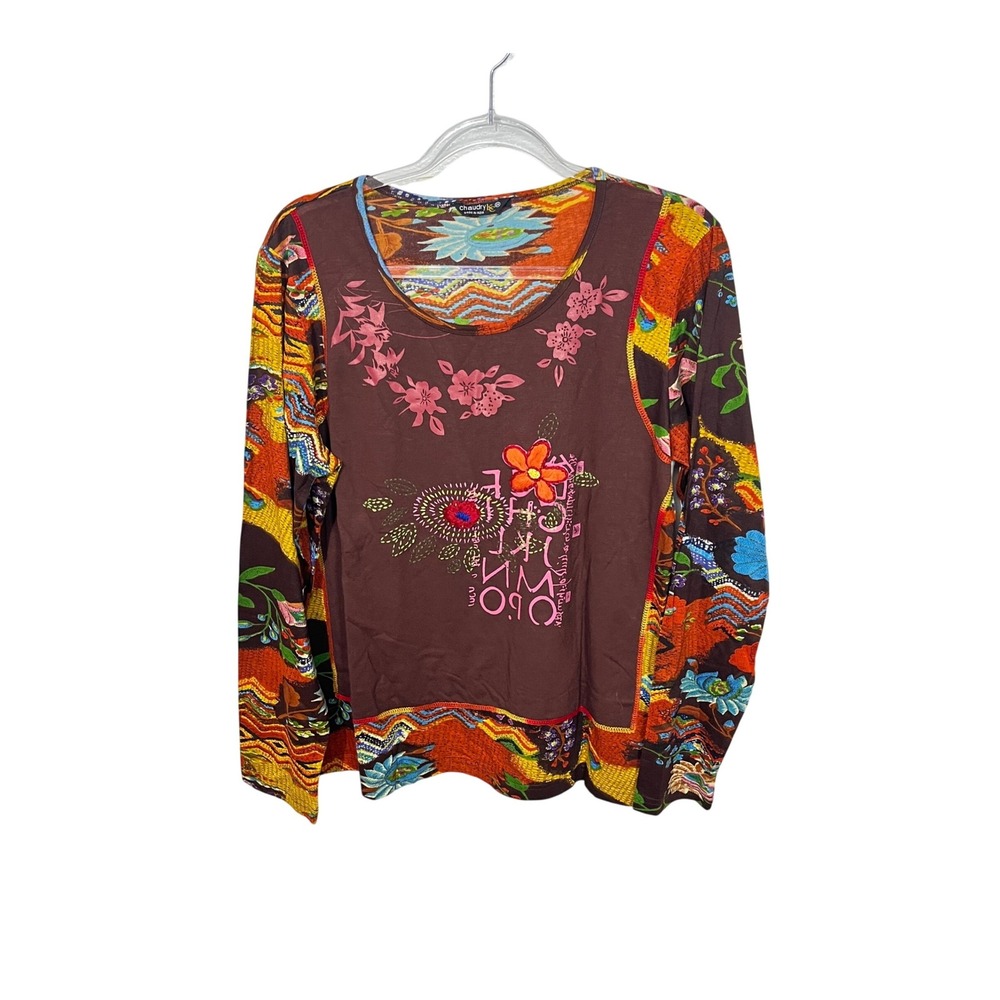 Chaudry KC Top Womens 2X Brown Vintage Y2K Embroidered Floral Mixed Media W067